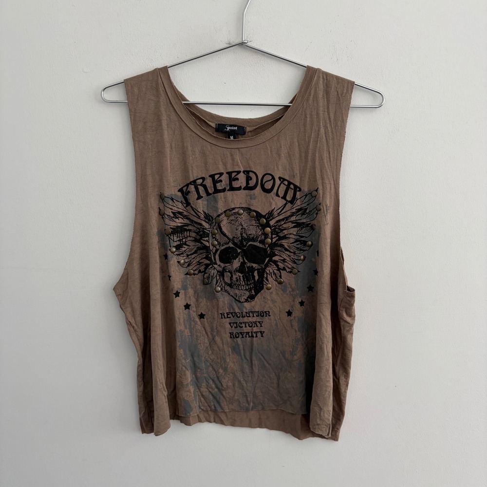 S.point Brown Skull Graphic Muscle Tank Top Studded Freedom Medium